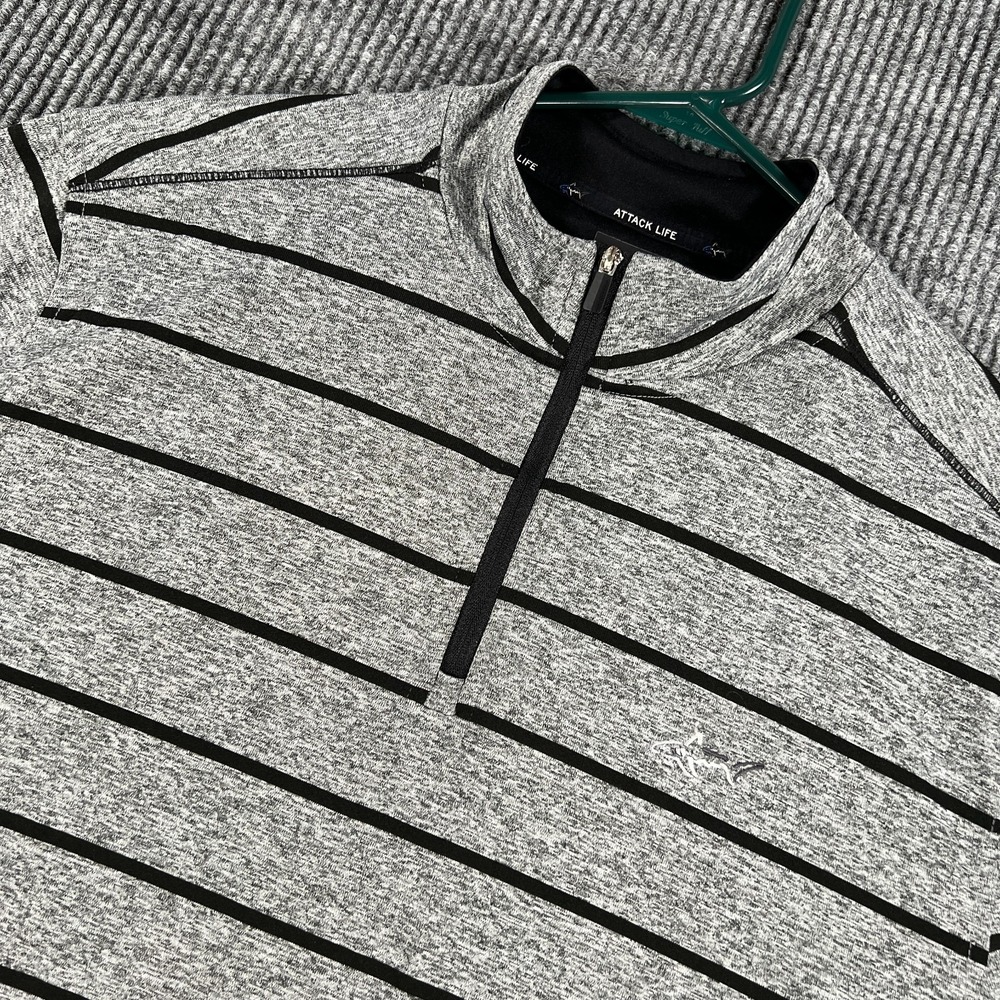 Greg Norman Mens Medium Gray Stripe Long Sleeve Performance Golf 1/4 Zip